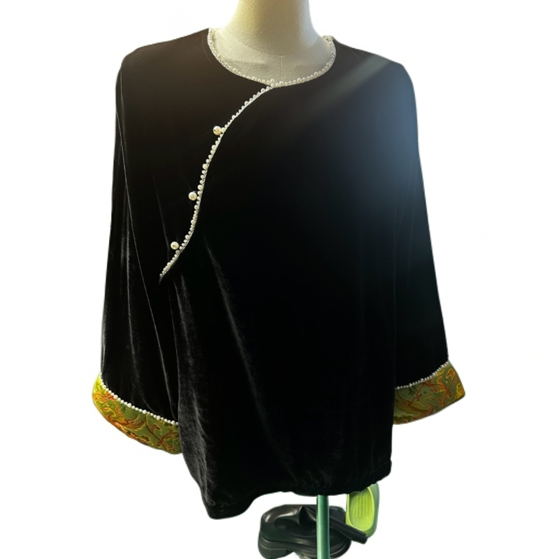 丝绒珍珠款拼接老宋锦上衣