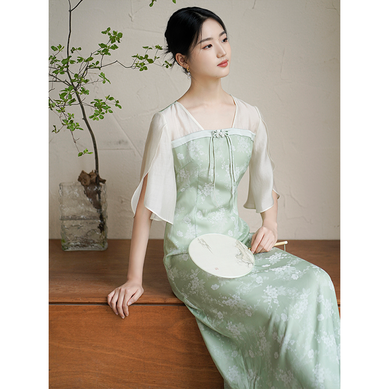 初蝉新中式国风改良汉服连衣裙文艺风气质长裙0538-N