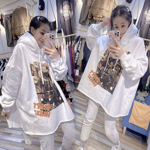 300学生斤特大码加绒复古时尚ins破洞卫衣女秋冬休闲连帽春秋上衣