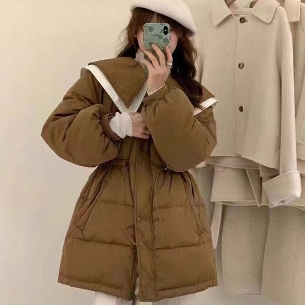 秋冬羽绒服女中长款白鸭绒保暖冬装外套加厚娃娃领双领子抽绳收腰