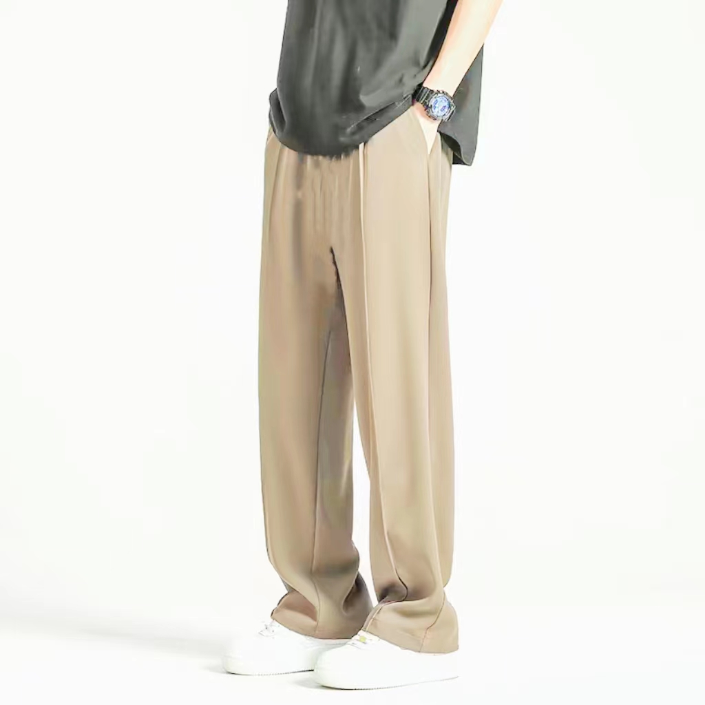 情侣夏季垂感直筒休闲西装裤男装简约九分裤纯色青年松紧腰小西裤