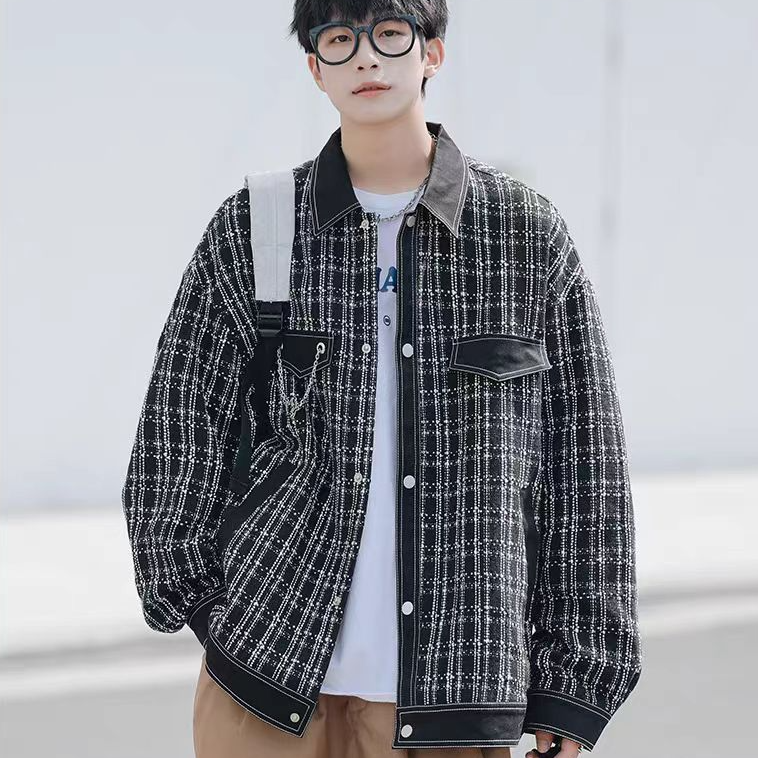 情侣撞色潮牌翻领小香风复古格子外套2024新款春秋季设计感夹克男