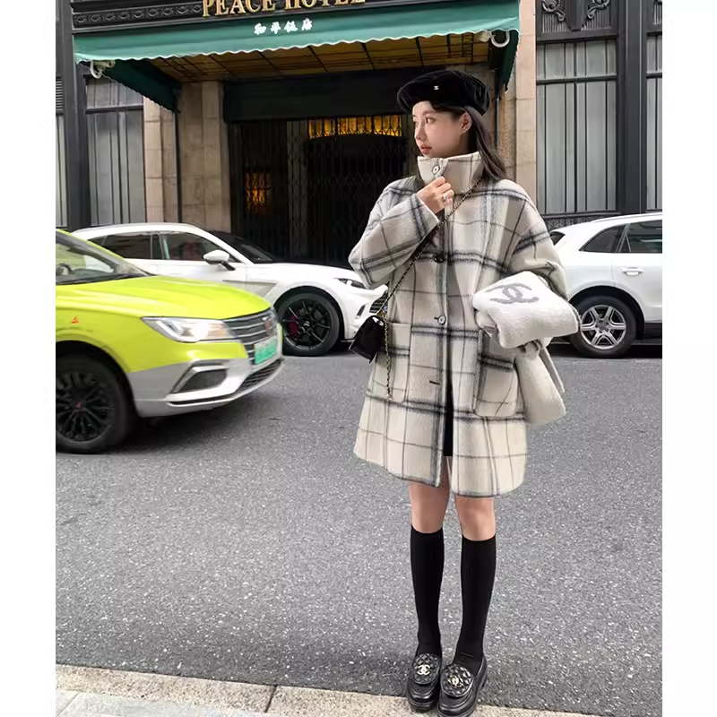 VASSE美蟹 立领格纹中长款双面绵羊毛大衣女新款双面呢毛呢外套