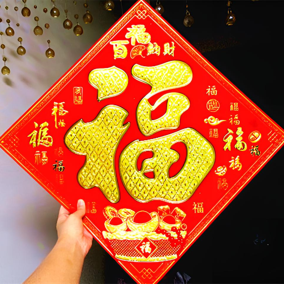 马年50#60#大小号新款洒金镂空植绒硬纸板福字墙镂空门贴门福