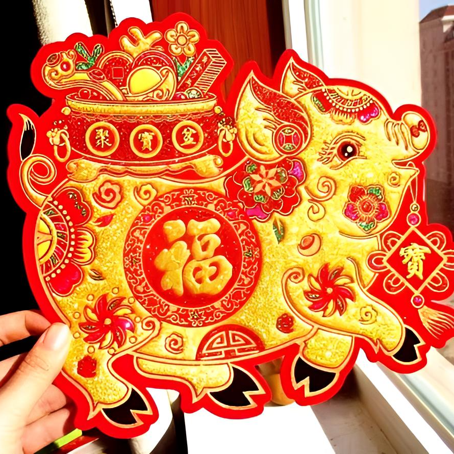 肥猪拱门 绒布洒金窗花一对聚宝盆猪洒金门贴春节特色装饰画
