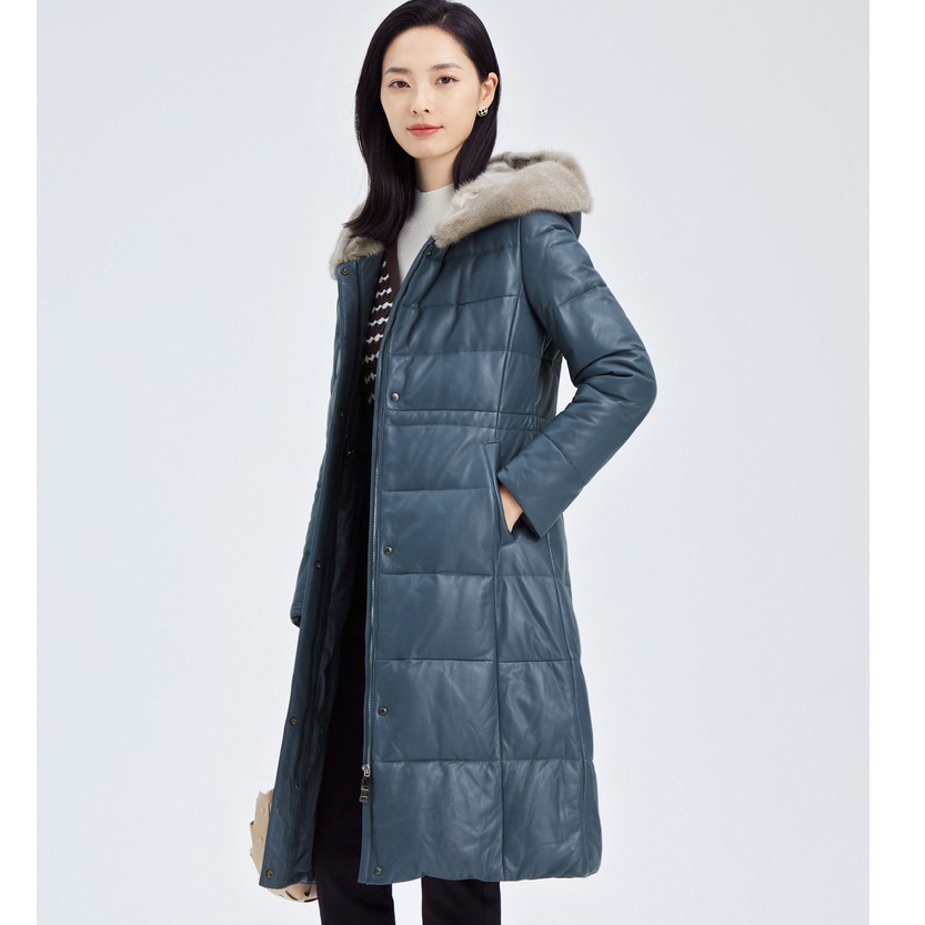 娜尔思加厚优雅显瘦水貂毛领长款绵羊皮羽绒服外套NP00163P4