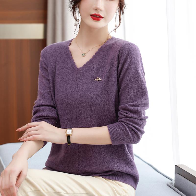 恒源祥集团针织羊毛衫春秋加肥大码V领毛衣女宽松妈妈装遮肚上衣