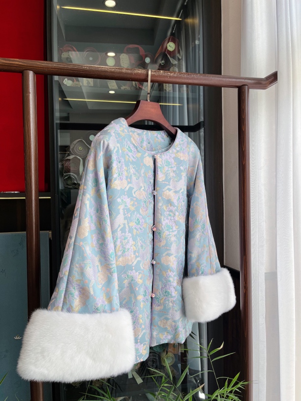 李德喜麒麟牡丹宋锦棉袄 袖口超大水貂毛可拆卸 倒大袖减龄又时尚