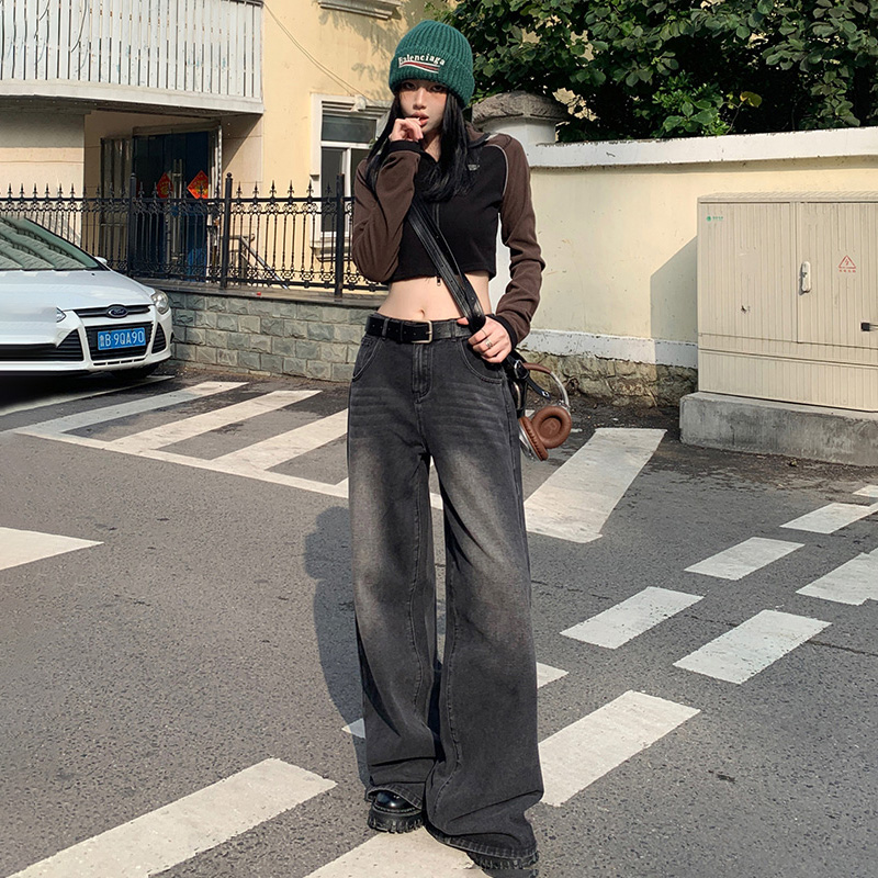 VMZM美式复古宽松阔腿牛仔裤女2024年春季新款显瘦直筒垂感拖地裤
