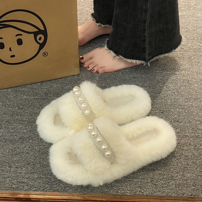 珍珠小香毛毛拖鞋女2023新款秋季厚底防滑法式复古气质居家棉拖鞋