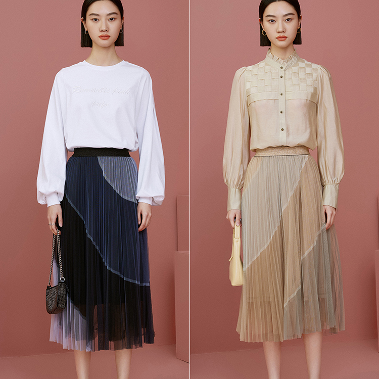 【丽公主】百褶纱裙渐变半身裙秋季拼色灵动长裙M207300643