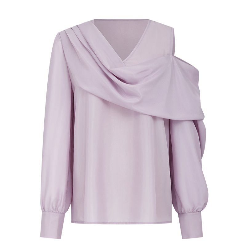 【籽言专属】曼德诗设计感小衫2024春装新款纯色镂空露肩雪纺衫女