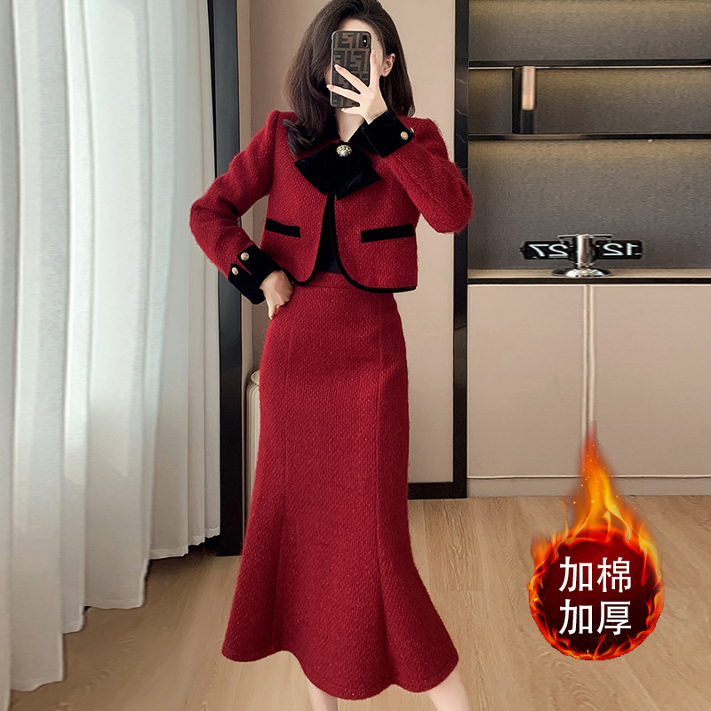 红色小香风套装冬气质名媛高级感夹棉短外套高腰半身裙长裙两件套
