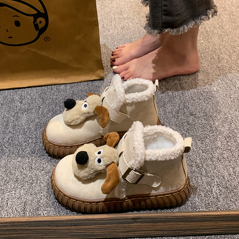 可爱小狗加绒毛毛雪地靴子女2023年冬季新款加厚保暖棉鞋防滑短靴