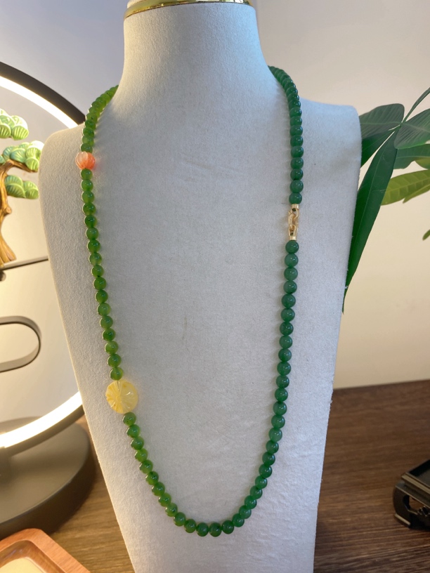 和田碧玉项链，搭配S925银，天然蜜蜡