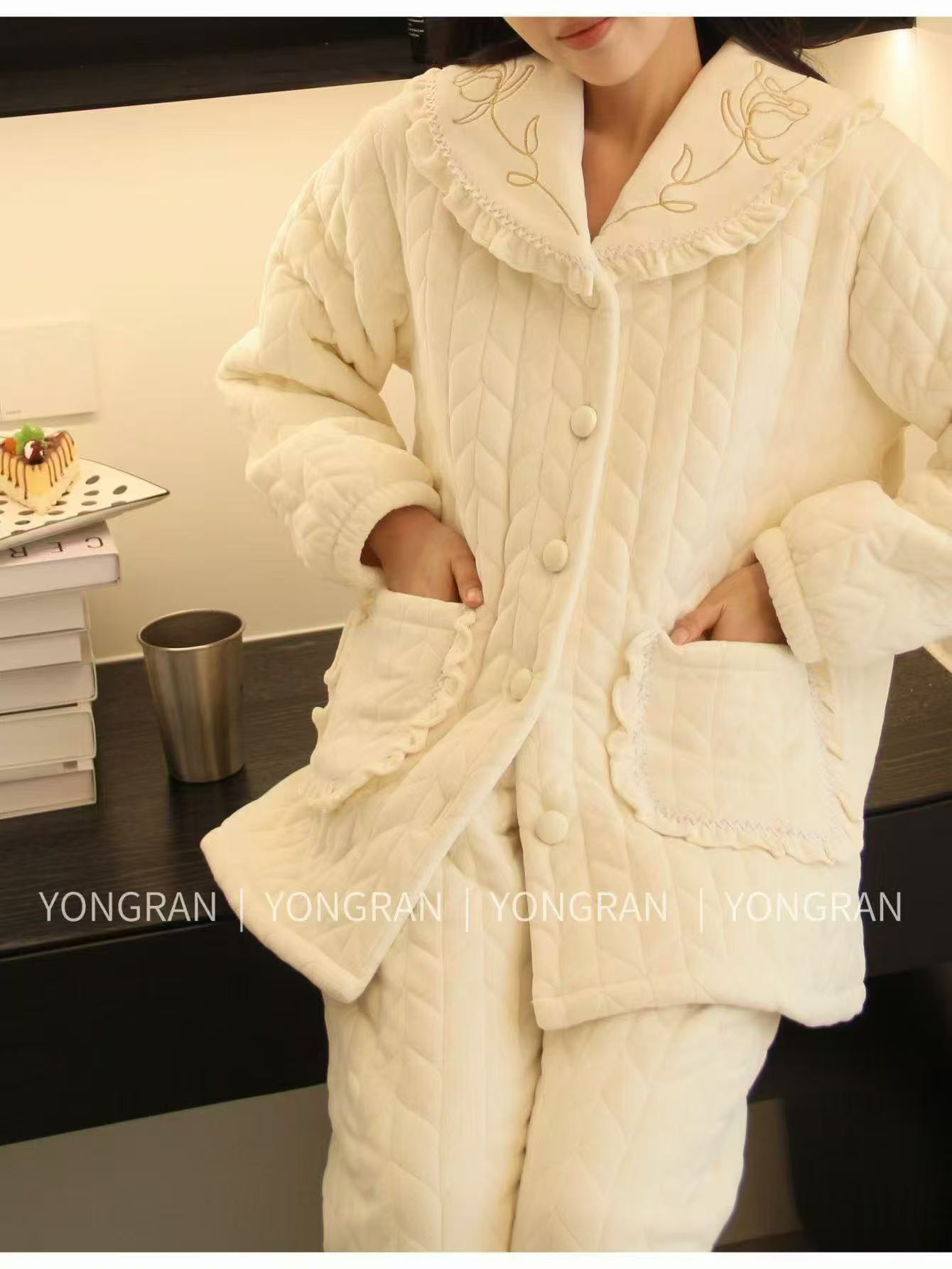 原创设计加厚保暖家居服套装冬季可外穿加绒睡衣套装冬