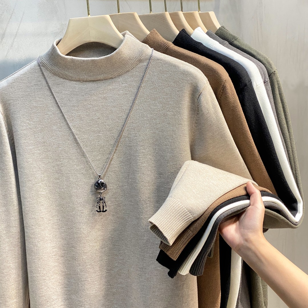 男士半高领毛衣新款中领内搭针织衫打底保暖加绒衫美拉德痞帅毛衫