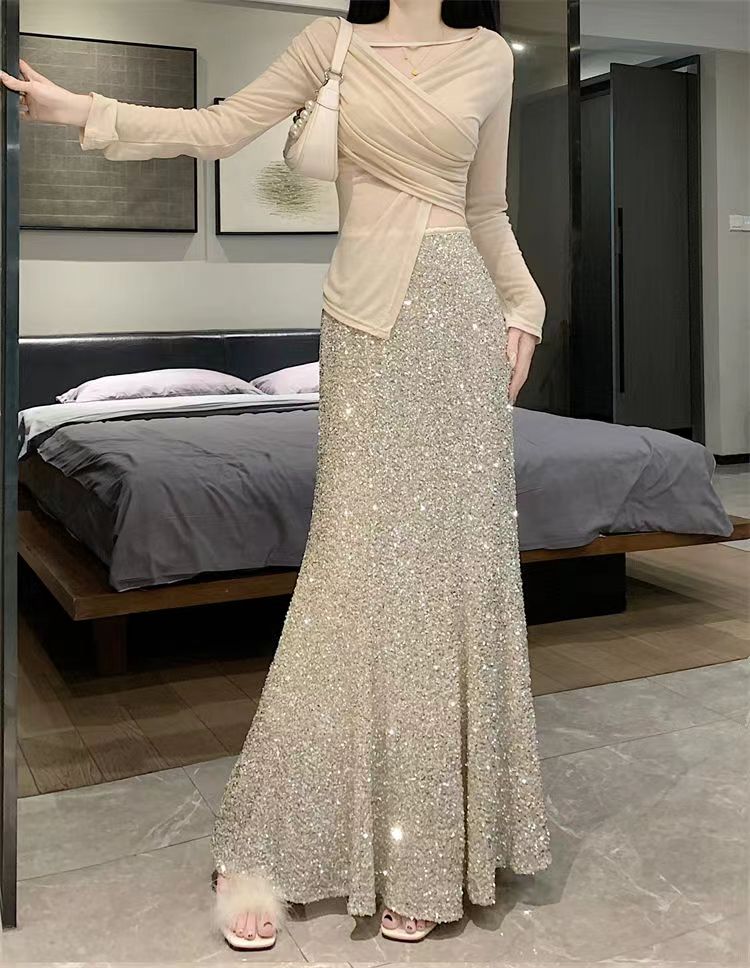 398新款重工亮片鱼尾裙高腰显瘦长裙亮晶晶美拉德法式新时尚爆款