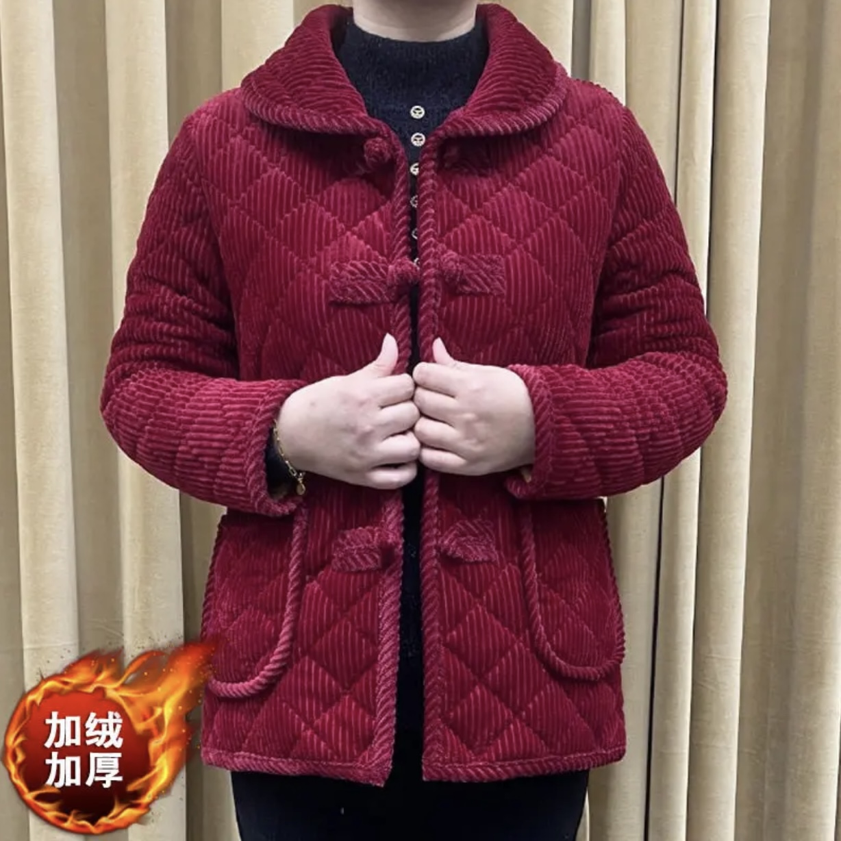 新款时尚加绒保暖妈妈装盘扣复古显瘦中老年