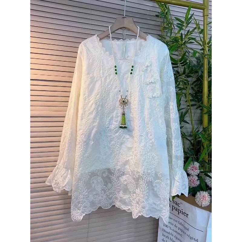 H3扣新款蕾丝气质盘扣时尚大码小衫喇叭袖设计感名媛风
