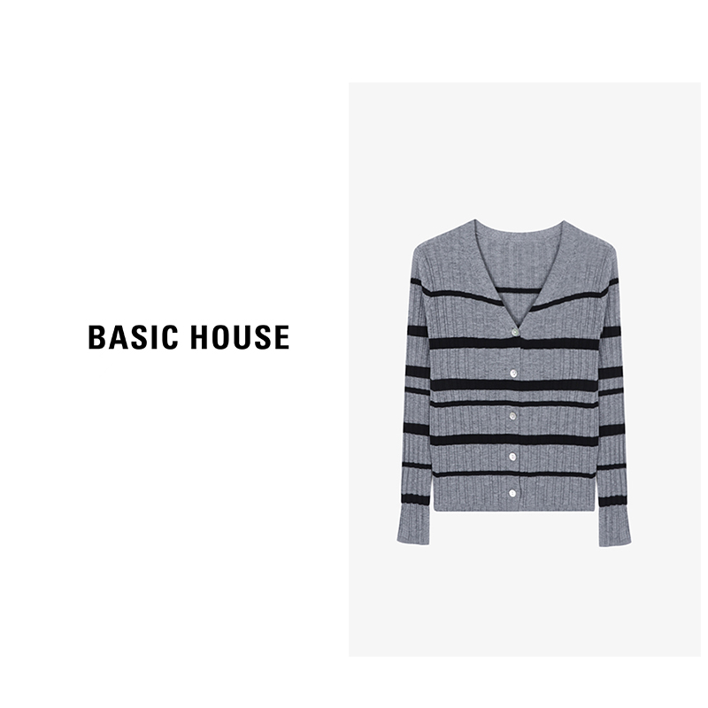 Basic House/百家好条纹撞色短款时尚羊毛衫-B0624H5N102