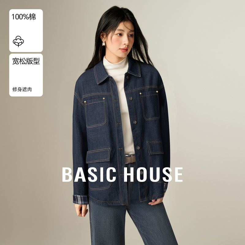 Basic House/百家好初冬休闲宽松潮流水洗牛仔棉服-B06245I1882