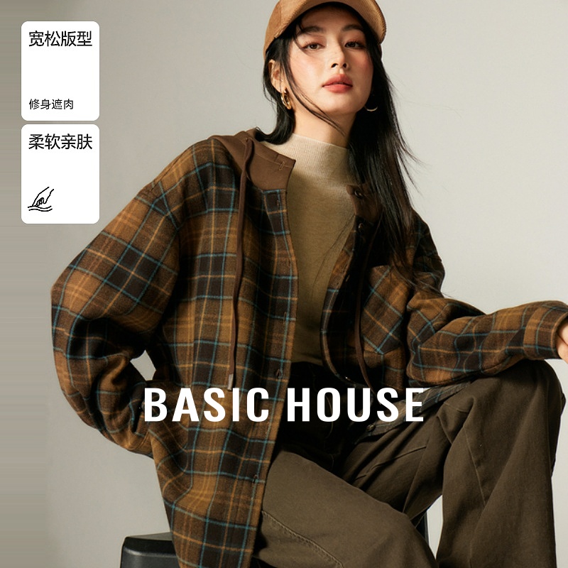 Basic House/百家好格纹假两件复古连帽衬衫女装-B06245B8812