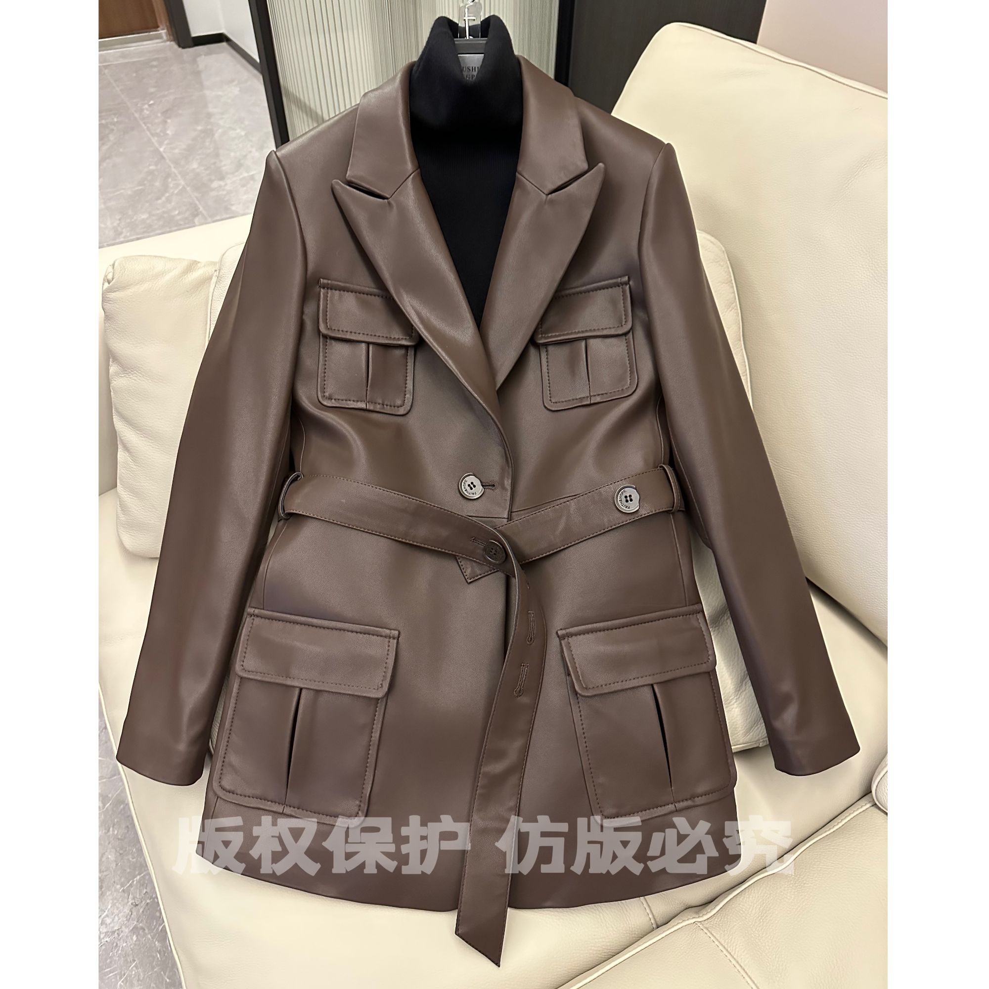 【反季特惠】【蚕丝棉加厚】真皮小羊皮冬季显瘦戗驳领中长皮衣外套女