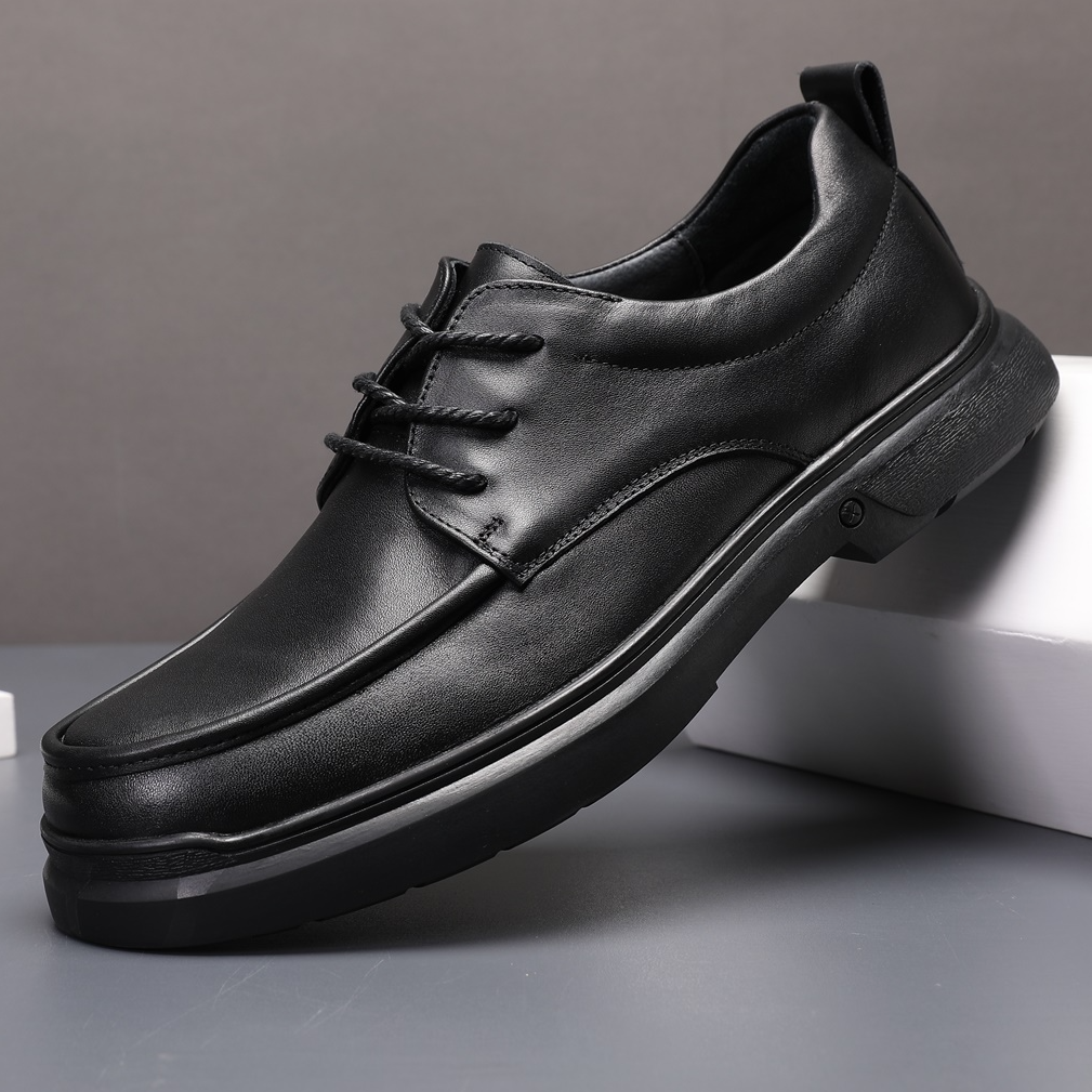 头层牛皮爸爸鞋秋季百搭透气真皮系带中老年防滑软底商务鞋子男
