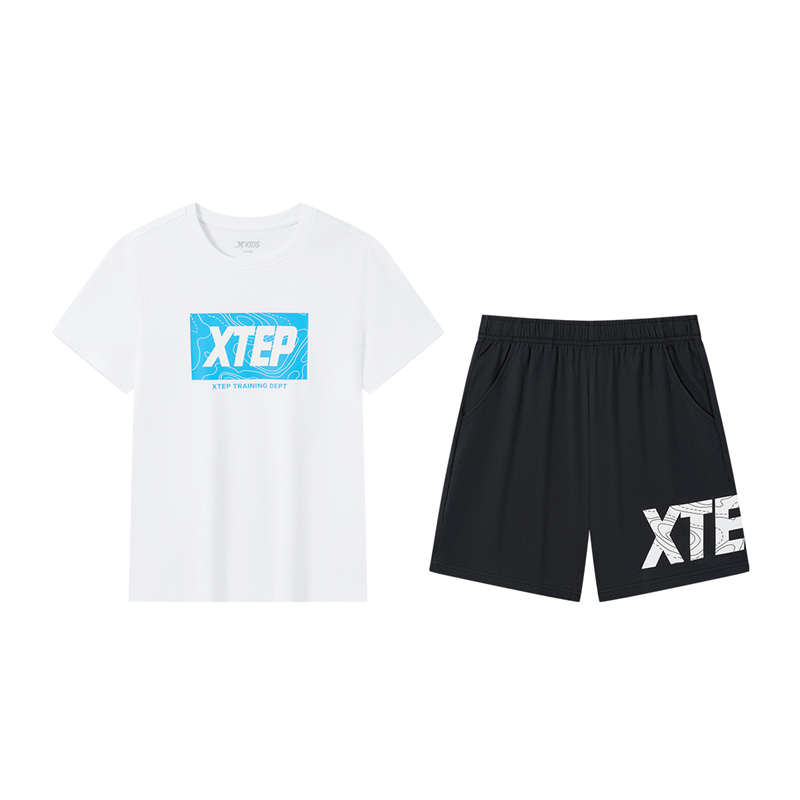 特步儿童夏季男童纯棉短T大童圆领休闲舒适短袖套装6762265A9170