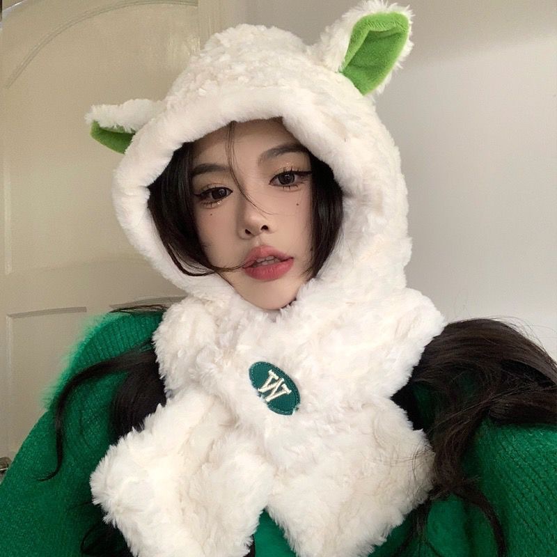 防寒加厚小羊帽子围巾一体女款秋冬季可爱毛茸茸连帽冬款保暖护耳