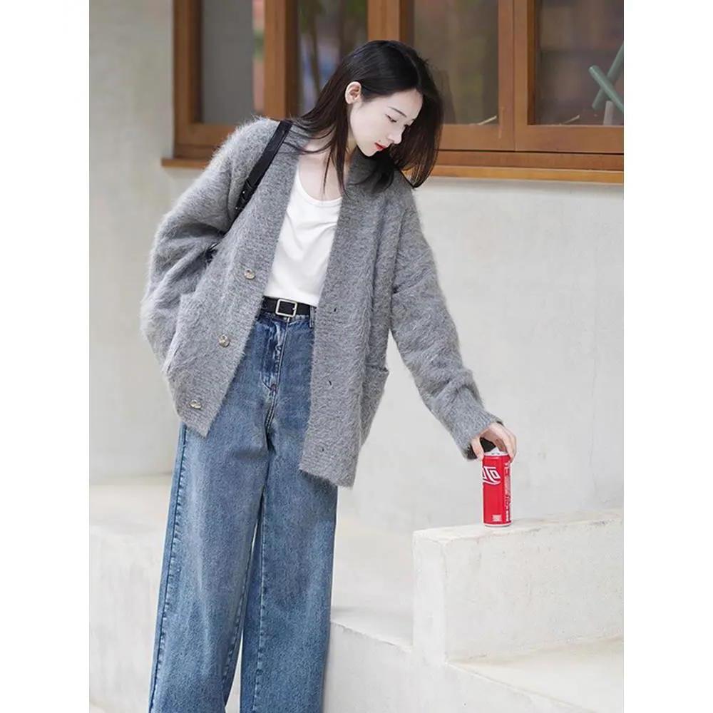 灰色慵懒风马海毛针织毛衣外套女秋冬外搭宽松高级感软糯开衫上衣