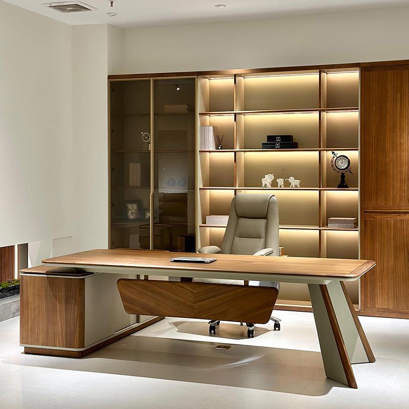 新中式大班台北美黑胡桃木老板办公桌总裁高端办公室书柜组合家具