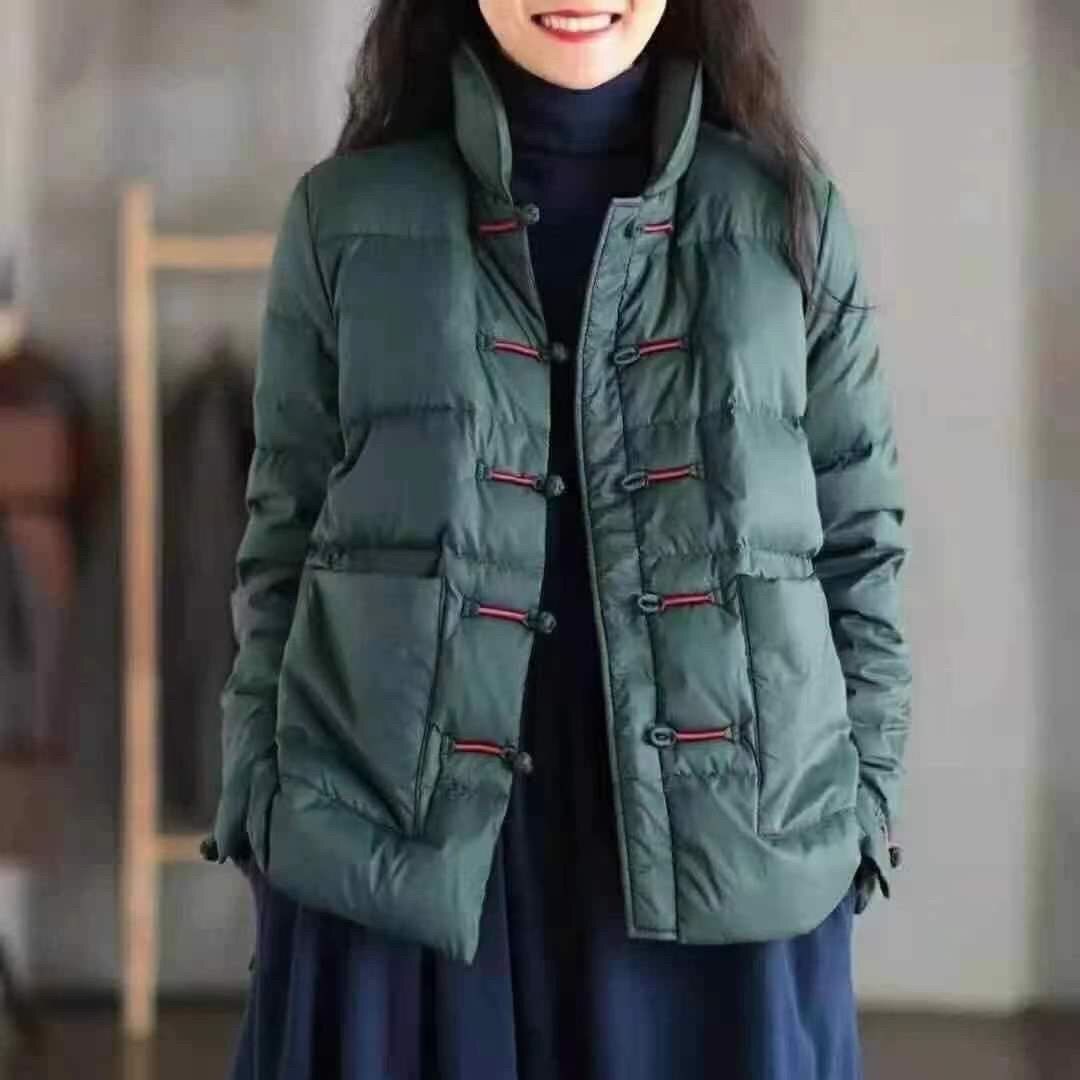 反季羽绒服女中国风复古盘扣立领轻薄羽绒服宽松白鸭绒名族风外服
