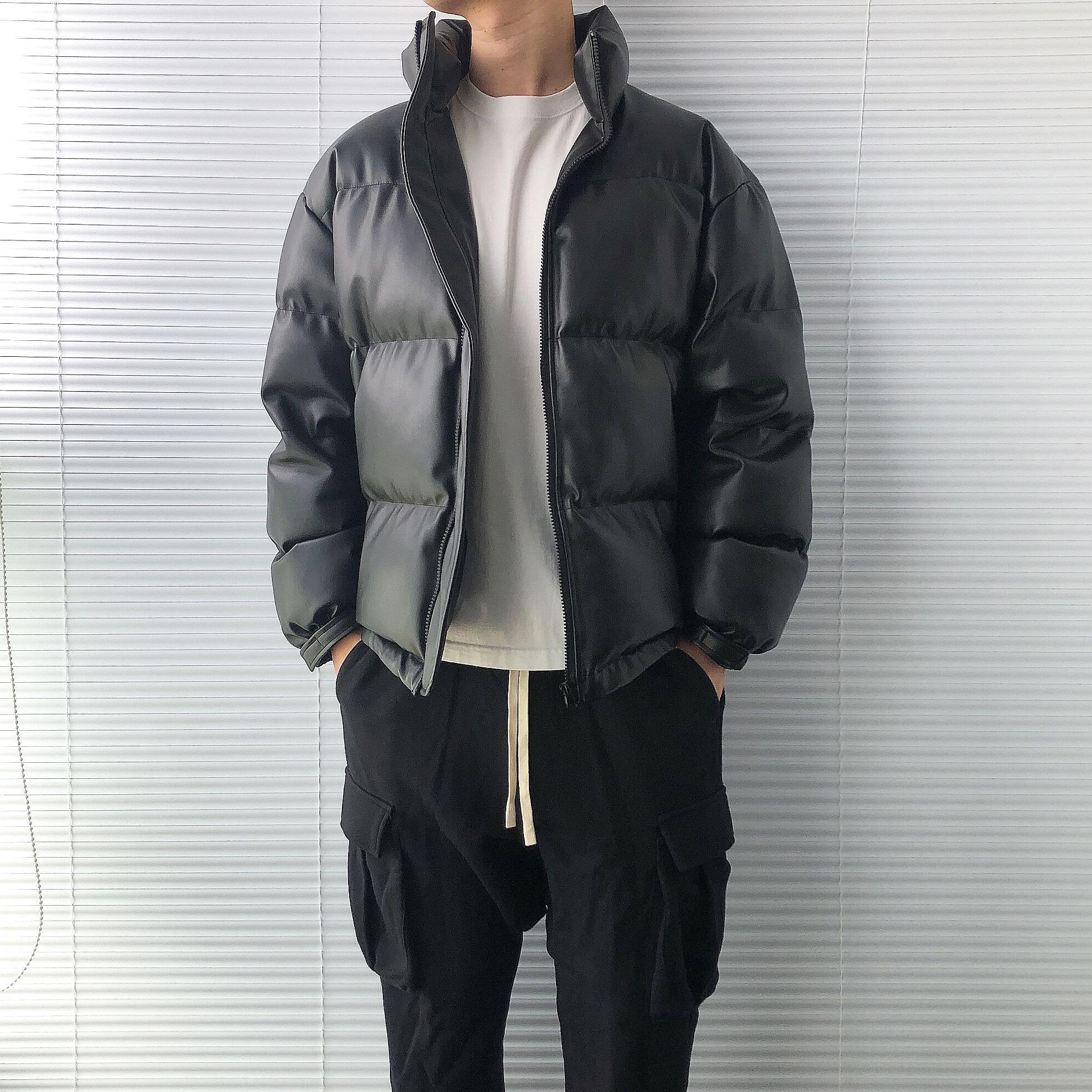 2023新款秋冬季皮质高领面包服男士羽绒服外套保暖棉衣防服