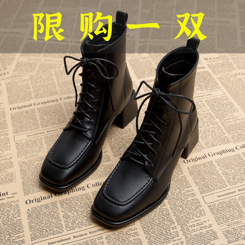 百丽纯爱马丁靴女2023年秋冬季新款中跟粗跟高跟英伦风短靴