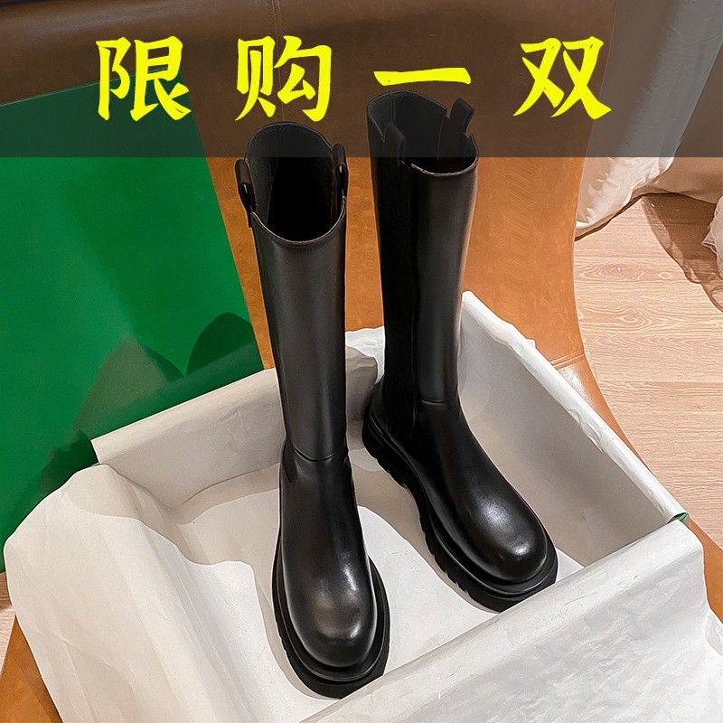 百丽纯爱牛皮版2023新款秋冬显瘦真皮骑士靴女厚底长筒靴不过膝