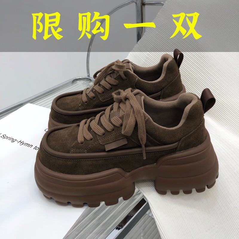 百丽纯爱2023秋冬6CM加绒粗跟厚底女鞋增高老爹鞋女ins潮方头休