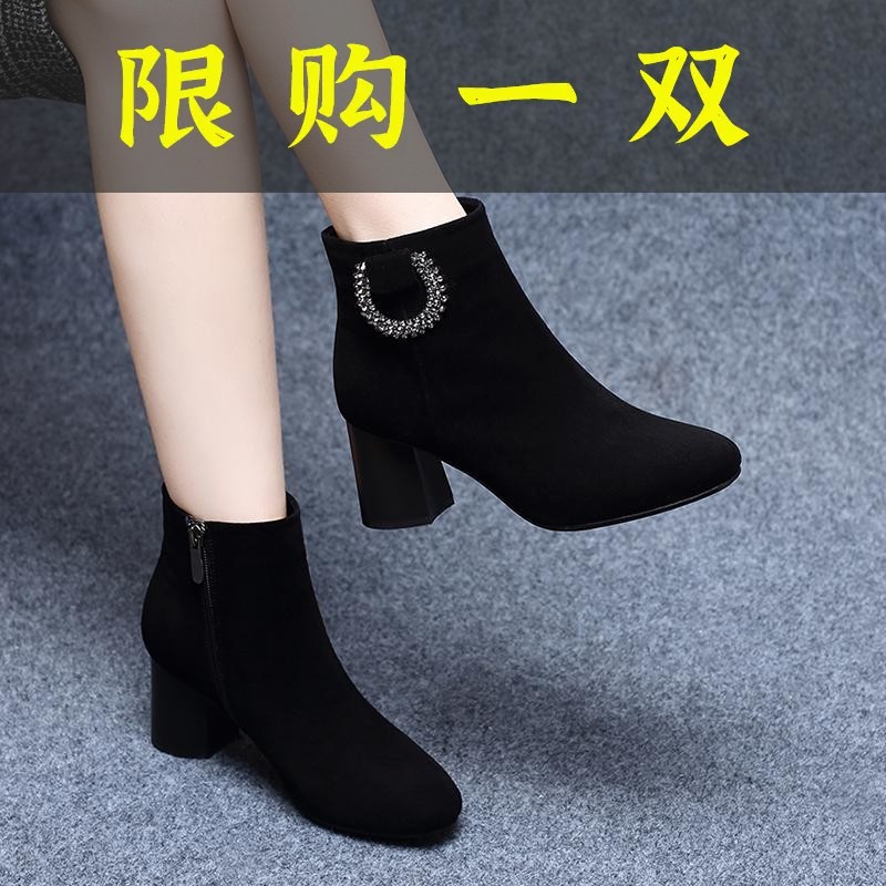 百丽纯爱潮流短靴2023年春秋磨砂爆款脚宽脚胖女靴粗跟气质高跟