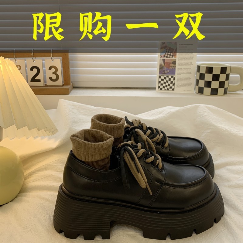 百丽纯爱粗跟厚底增高系带黑色小皮鞋女2023年春季新款百搭英伦