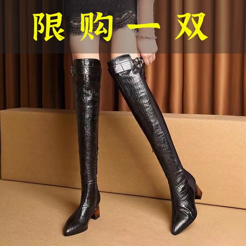 百丽纯爱真皮过膝长靴女2023冬新中跟加绒高筒弹力靴粗高跟骑士