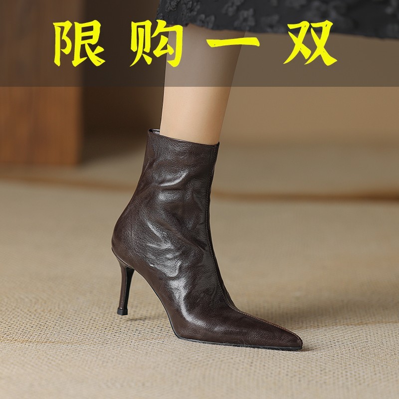 百丽纯爱羊皮洋气尖头高跟短靴秋冬新款气质高级短靴高级女士气