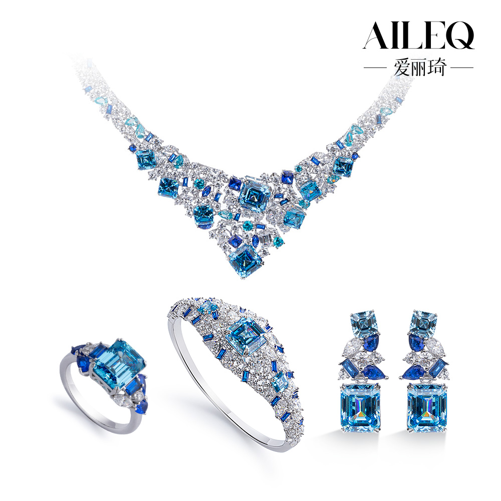 AILEQ 吊坠925银合成锆石 女时尚碧蓝星辰四件套戒指耳环手镯项链