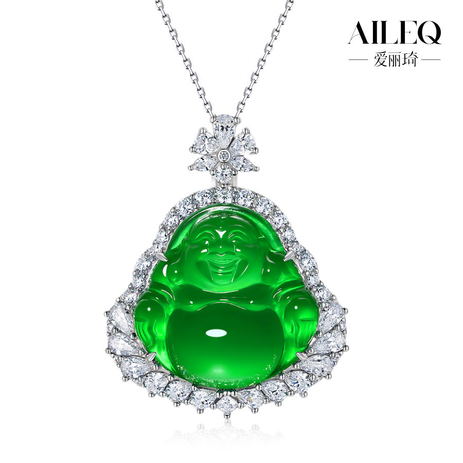 AILEQ925银镶天然玉髓满绿色弥勒佛公吊坠时尚品质珠宝欧若风项链