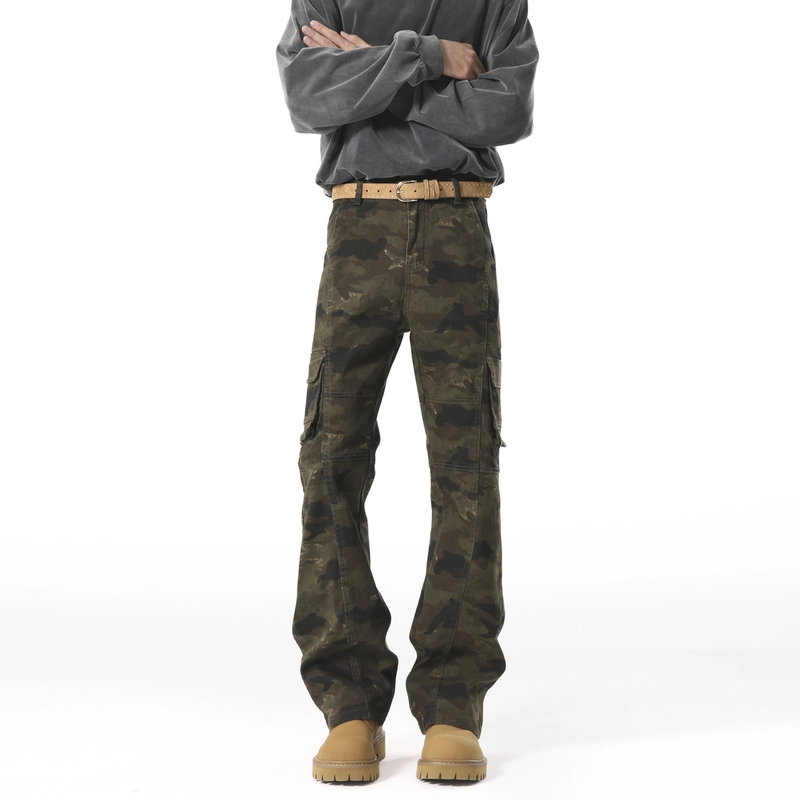 美式bootcut迷彩弯刀牛仔裤男秋日穿搭小众多口袋直筒微喇长裤