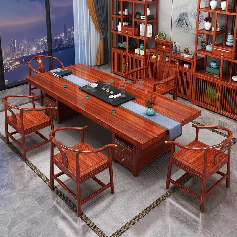 大板实木茶桌椅组合一桌五椅新中式茶几办公室客厅家用阳台泡茶台