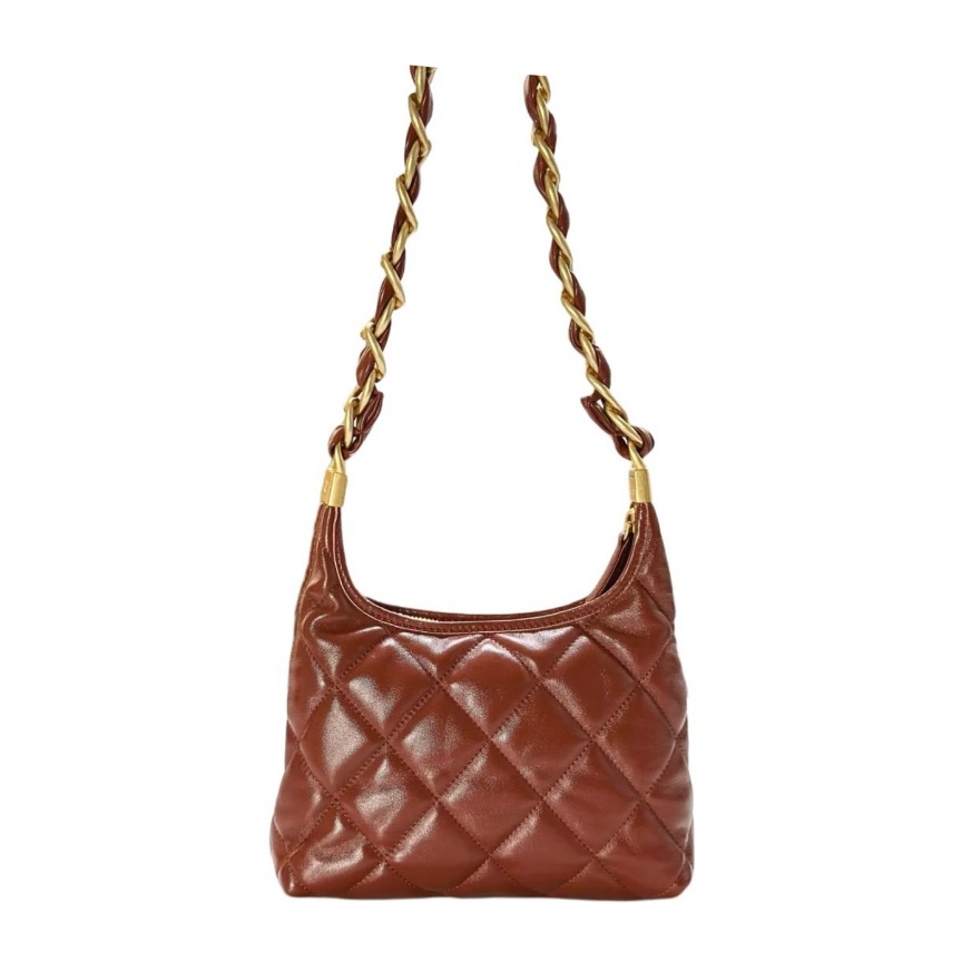 香24A金扣菱格纹粗链条 抛光小羊皮 流浪包手提单肩包 小号棕色