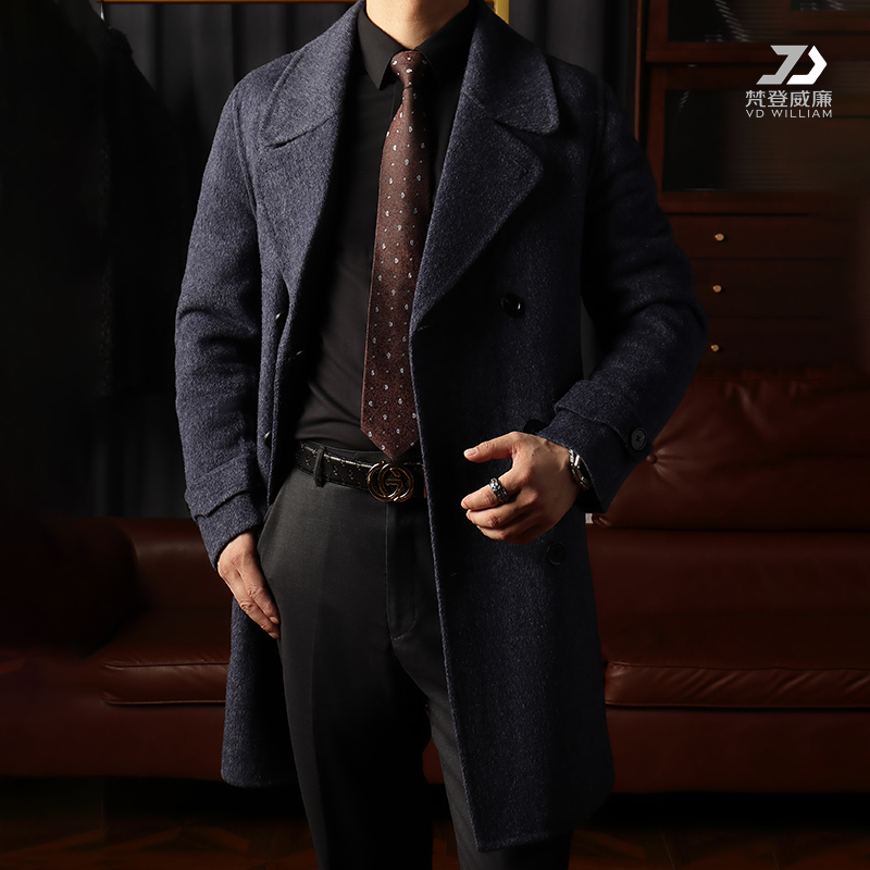 秋冬男士海军领80羊毛休闲修身中长款大衣
