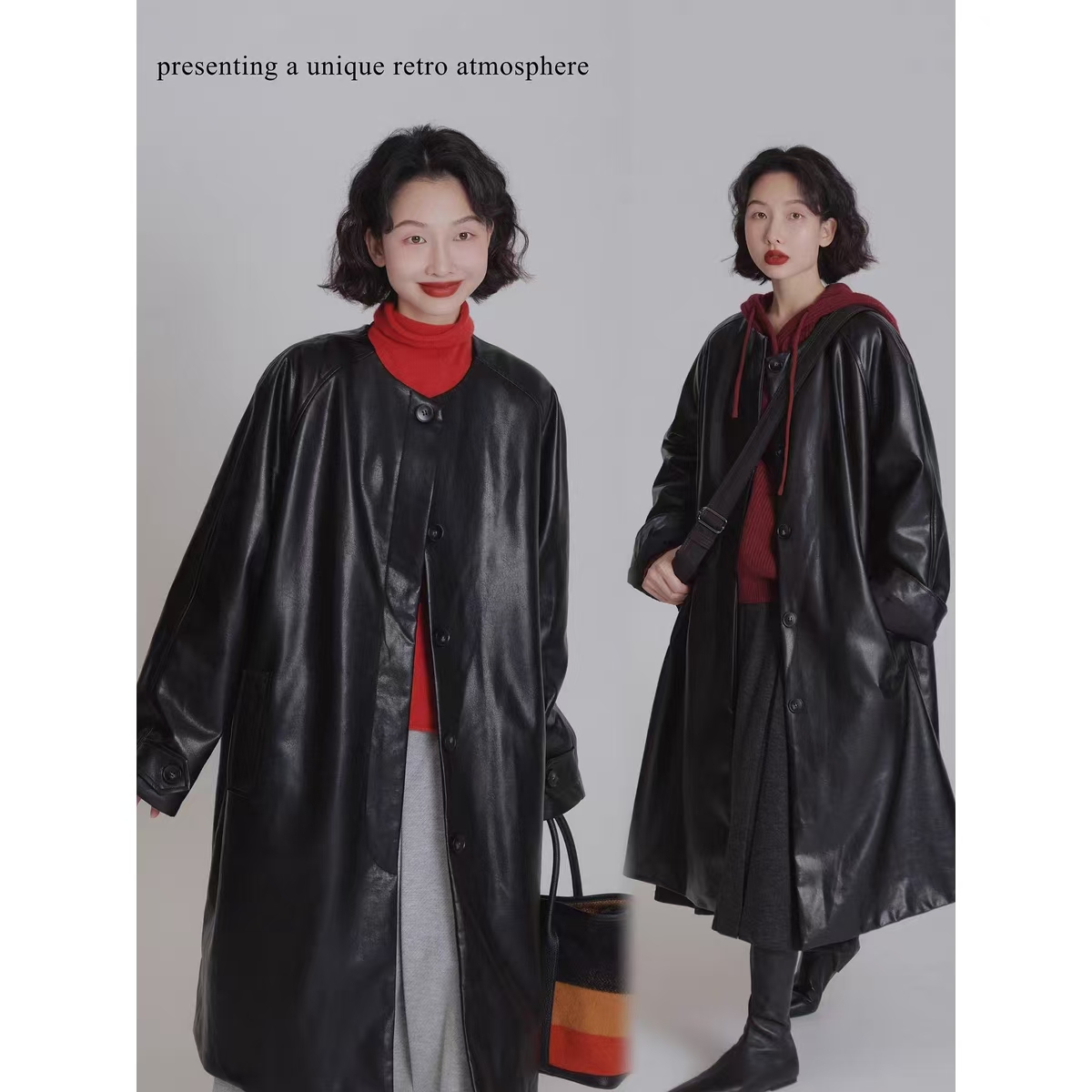 IVY YANG圆领PU皮小众高级长款皮质风衣