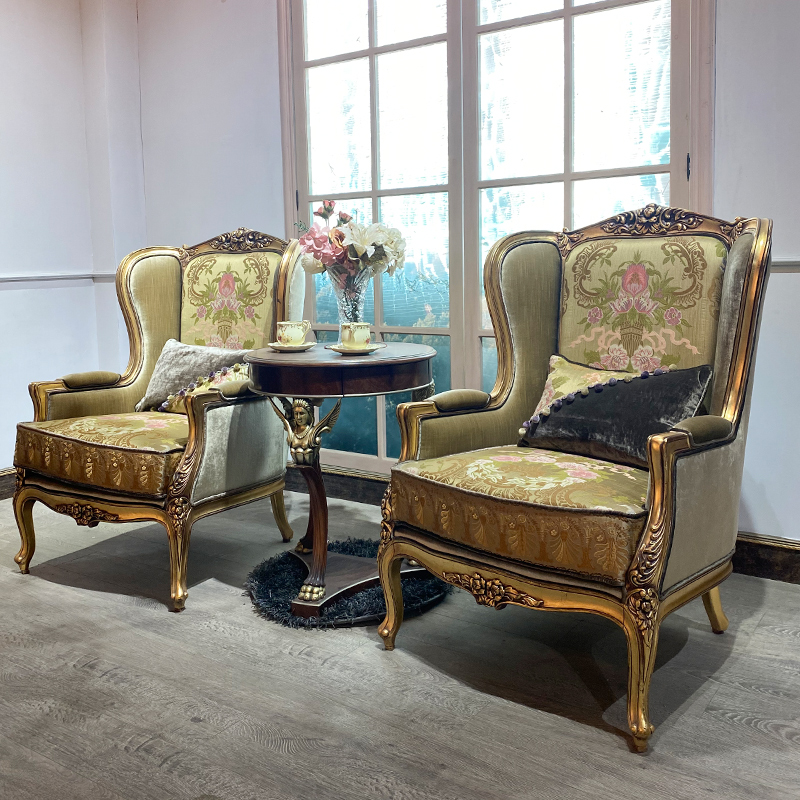 法式宫廷风金箔复古做旧实木雕花刺绣布艺单人沙发738*790*1128H